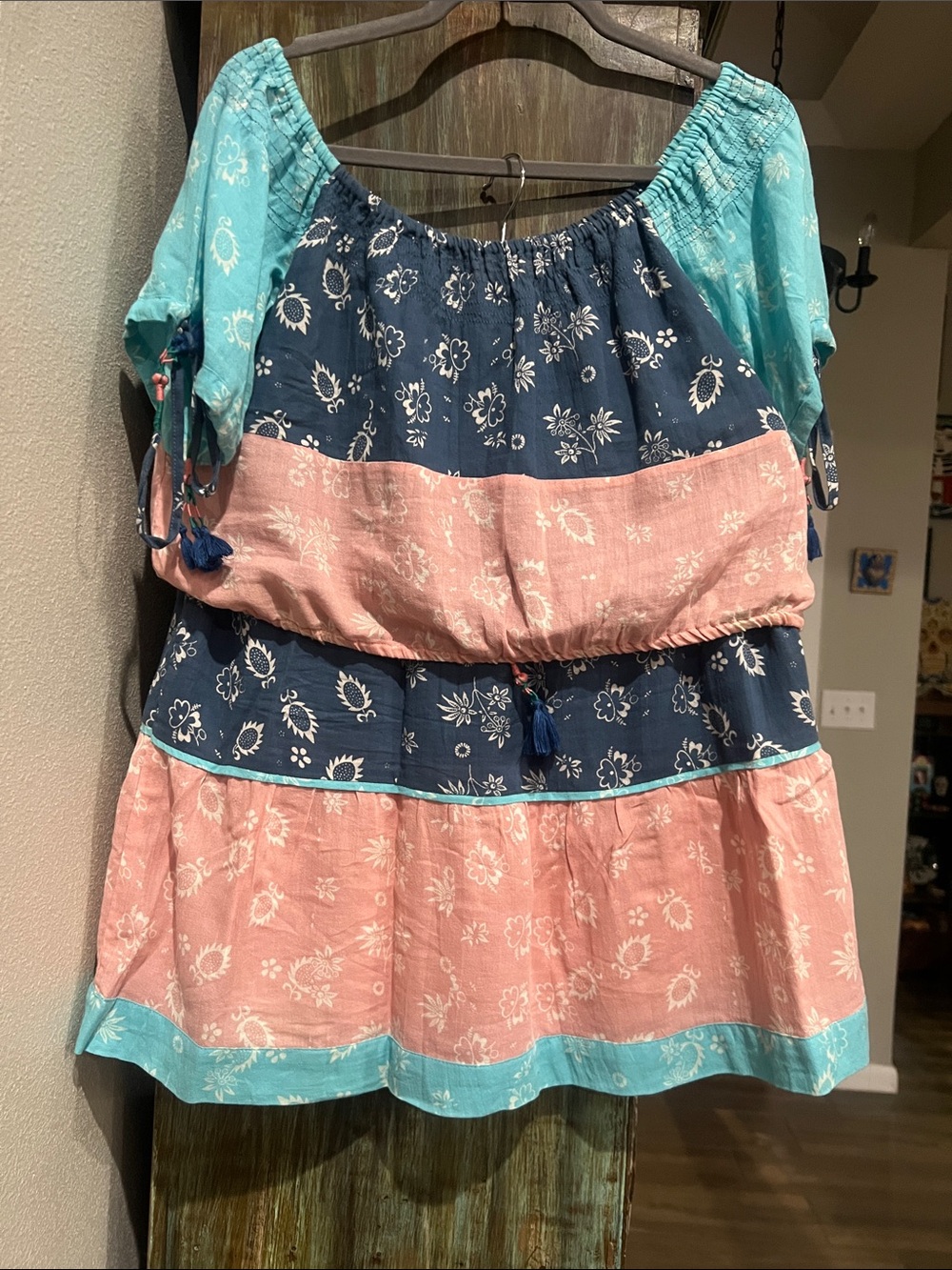 Tiered Off-Shoulder Mini Skirt in Navy, Dusty Pink & Aqua with matching peasant